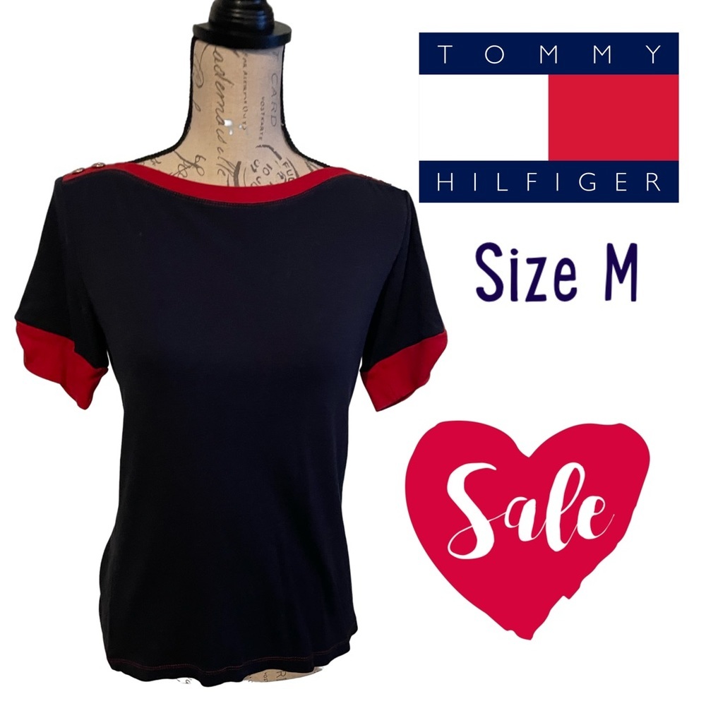Size Medium Navy Blue and Red Shirt by Tommy Hilfiger